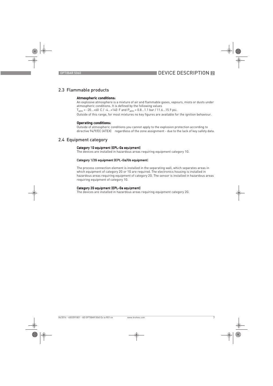 Device description, 3 flammable products, 4 equipment category | KROHNE OPTIBAR PM 5060 C Ex ia EN User Manual | Page 7 / 20