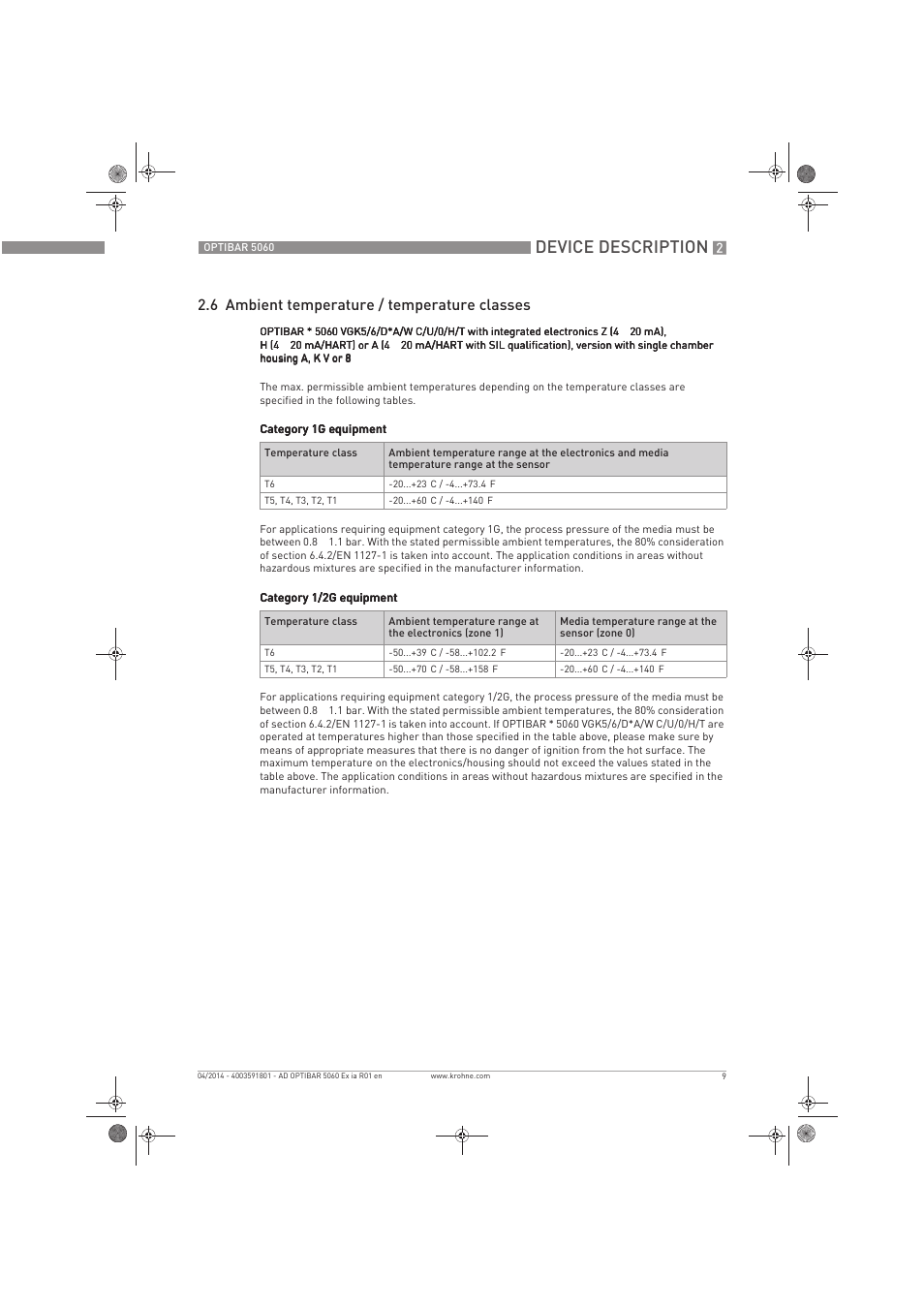 Device description, 6 ambient temperature / temperature classes | KROHNE OPTIBAR PM 5060 C Ex ia EN User Manual | Page 9 / 20