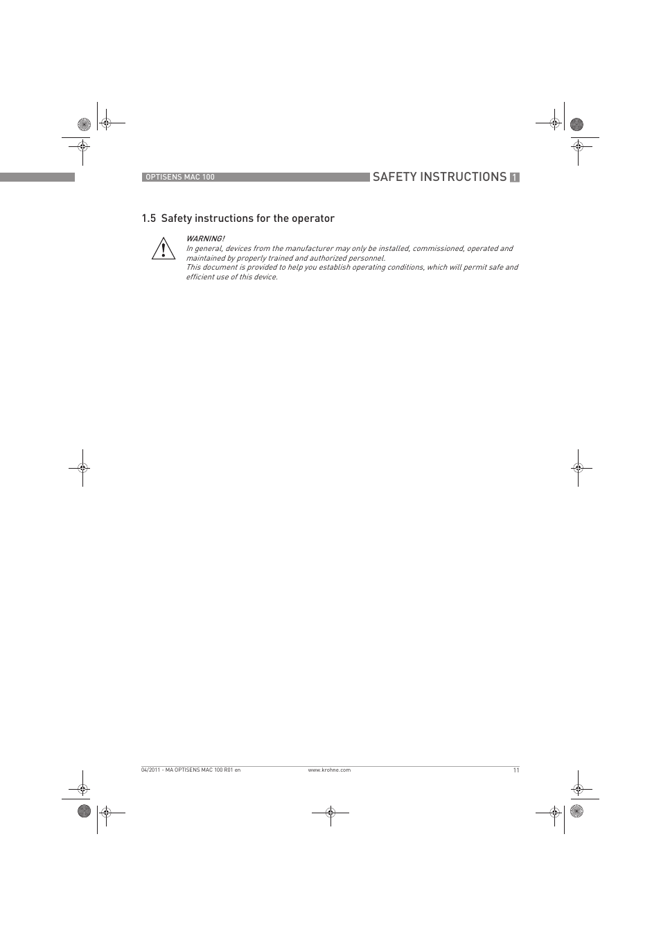 Safety instructions, 5 safety instructions for the operator | KROHNE MAC 100 EN User Manual | Page 11 / 84