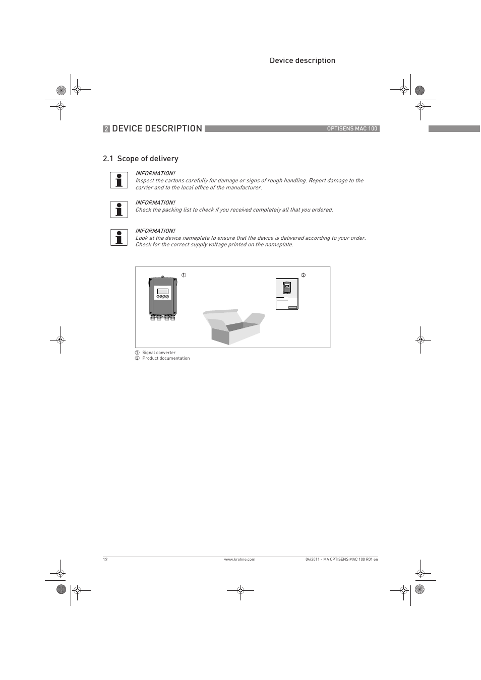 Device description, Device description 2.1 scope of delivery | KROHNE MAC 100 EN User Manual | Page 12 / 84