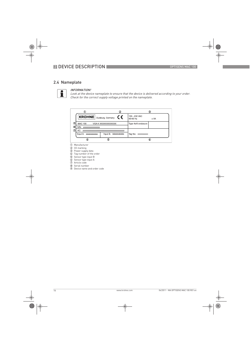 Device description, 4 nameplate | KROHNE MAC 100 EN User Manual | Page 16 / 84