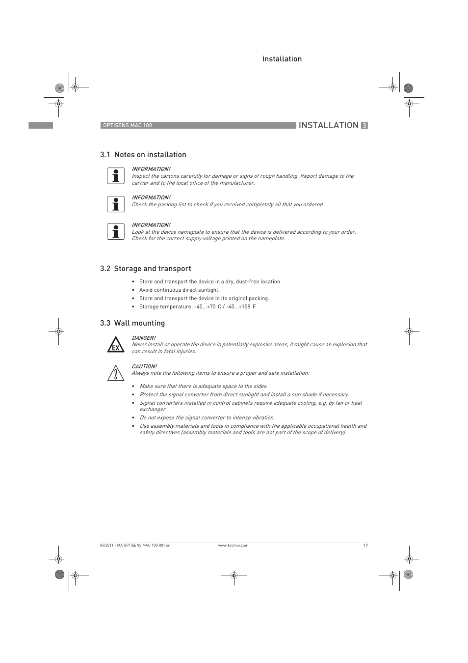 Installation, 3 wall mounting | KROHNE MAC 100 EN User Manual | Page 17 / 84