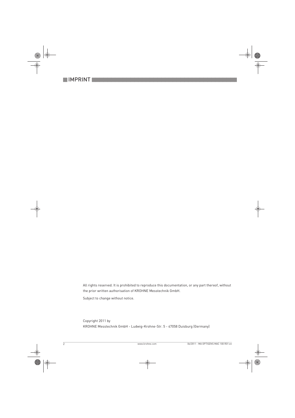 Imprint | KROHNE MAC 100 EN User Manual | Page 2 / 84