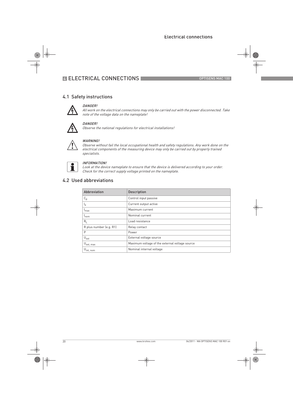 Electrical connections | KROHNE MAC 100 EN User Manual | Page 20 / 84