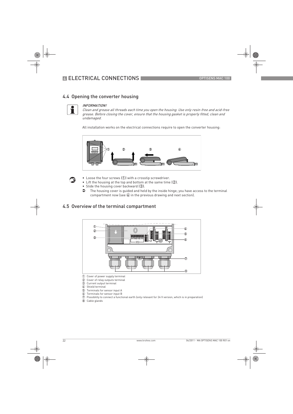 Electrical connections, 4 opening the converter housing, 5 overview of the terminal compartment | KROHNE MAC 100 EN User Manual | Page 22 / 84