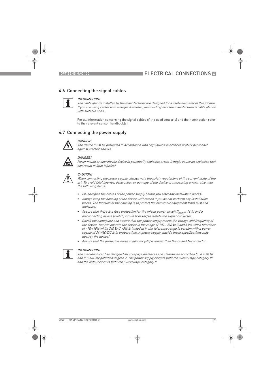 Electrical connections, 6 connecting the signal cables, 7 connecting the power supply | KROHNE MAC 100 EN User Manual | Page 23 / 84