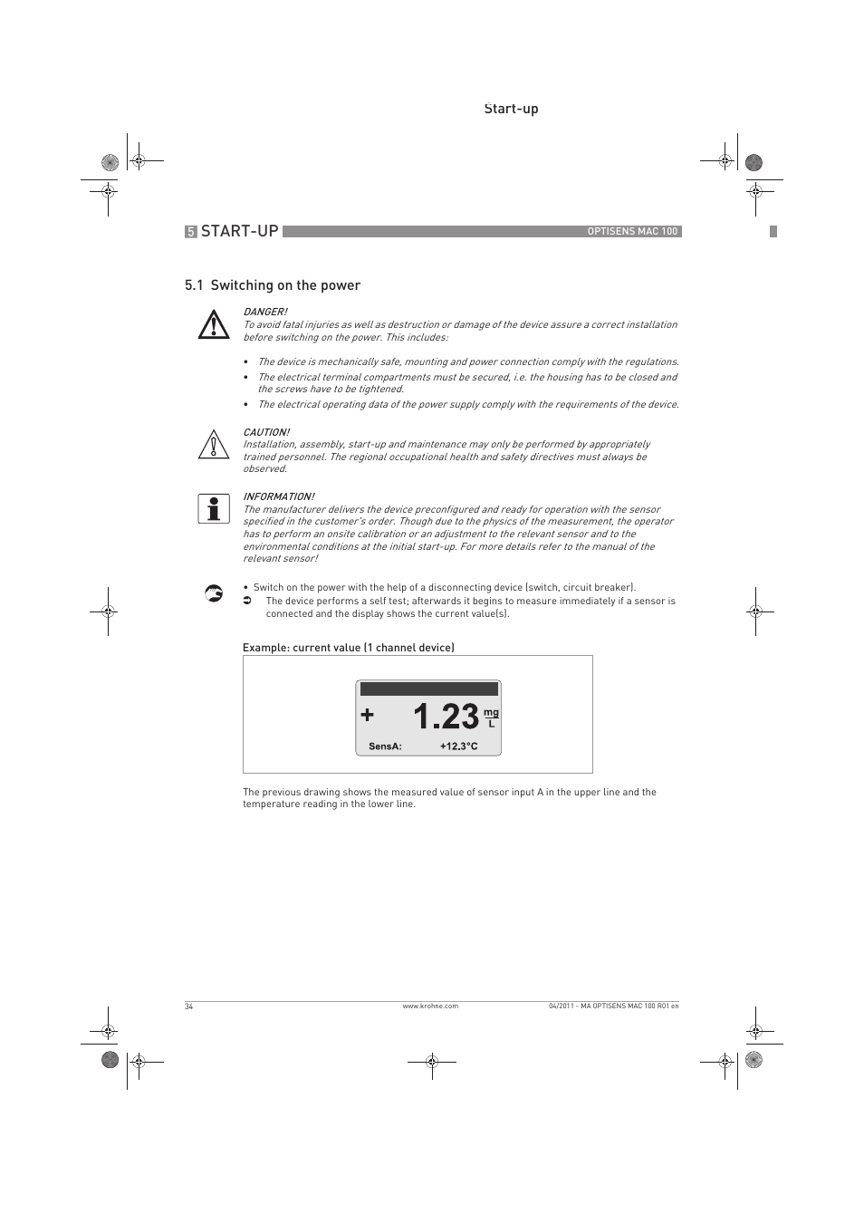 Start-up, Start-up 5.1 switching on the power | KROHNE MAC 100 EN User Manual | Page 34 / 84