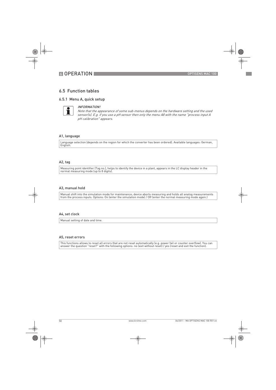 Operation, 5 function tables | KROHNE MAC 100 EN User Manual | Page 50 / 84