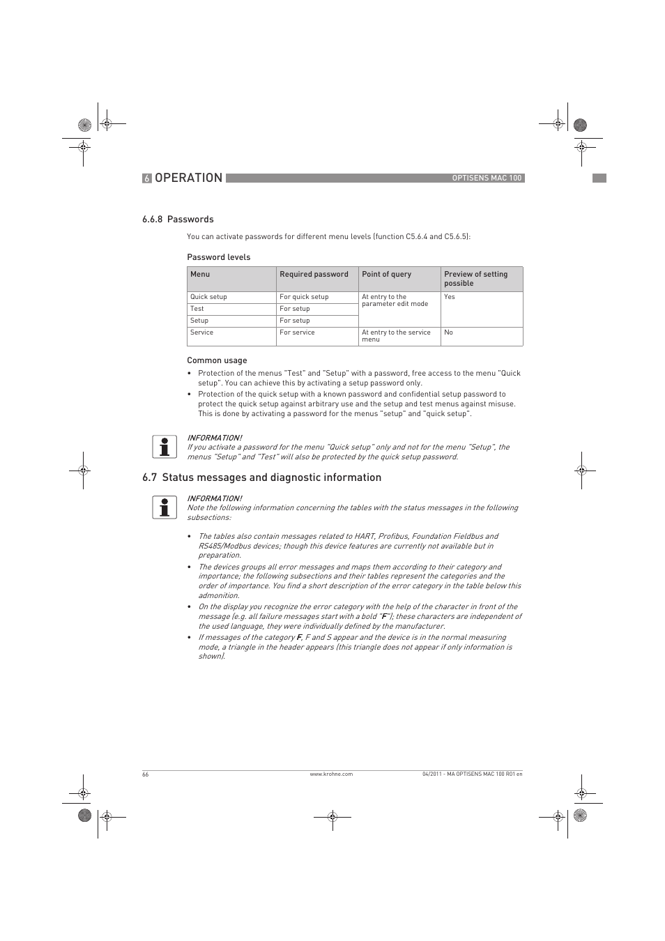 Operation, 7 status messages and diagnostic information | KROHNE MAC 100 EN User Manual | Page 66 / 84