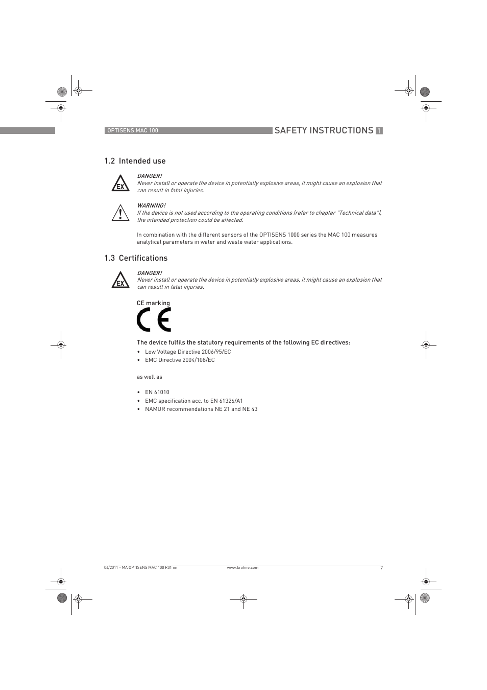 Safety instructions, 2 intended use, 3 certifications | KROHNE MAC 100 EN User Manual | Page 7 / 84