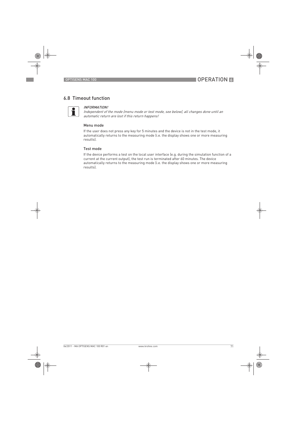 Operation, 8 timeout function | KROHNE MAC 100 EN User Manual | Page 71 / 84