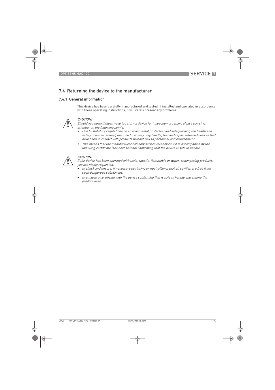 Service, 4 returning the device to the manufacturer | KROHNE MAC 100 EN User Manual | Page 73 / 84