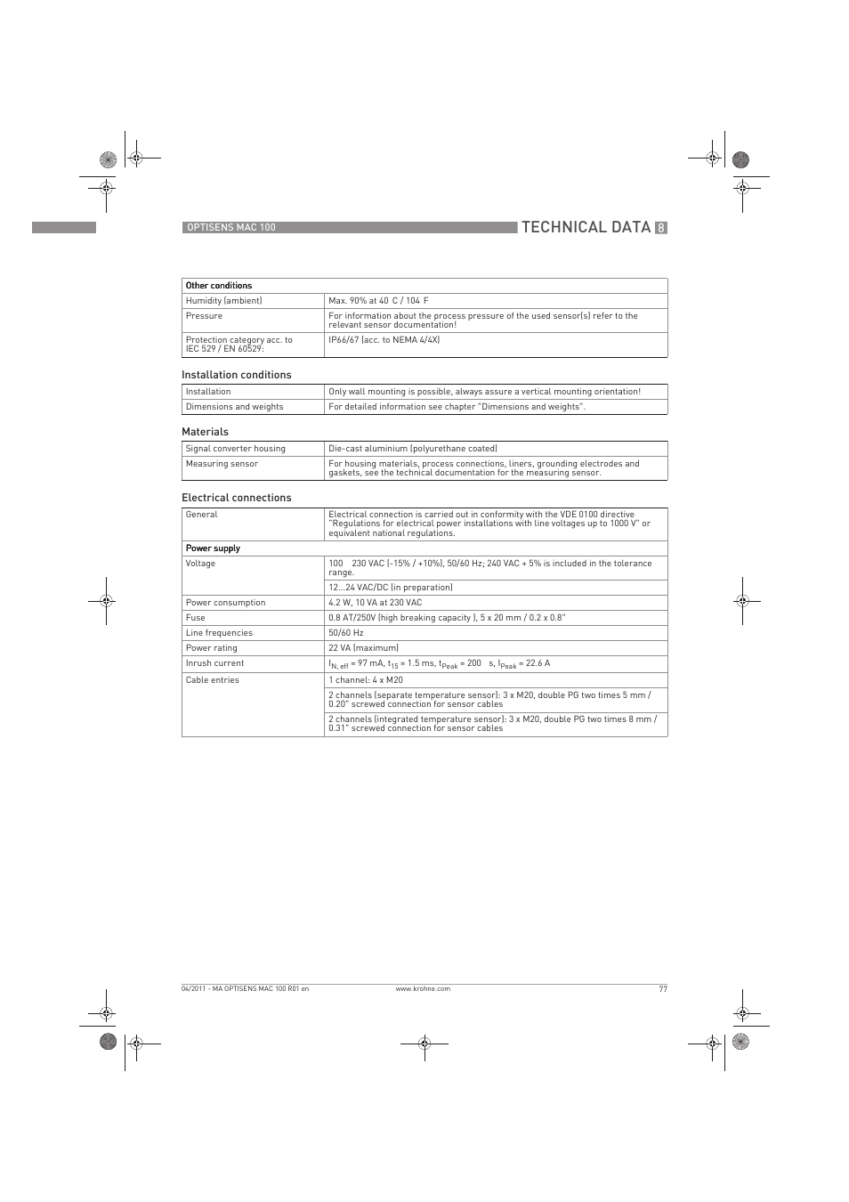 Technical data | KROHNE MAC 100 EN User Manual | Page 77 / 84