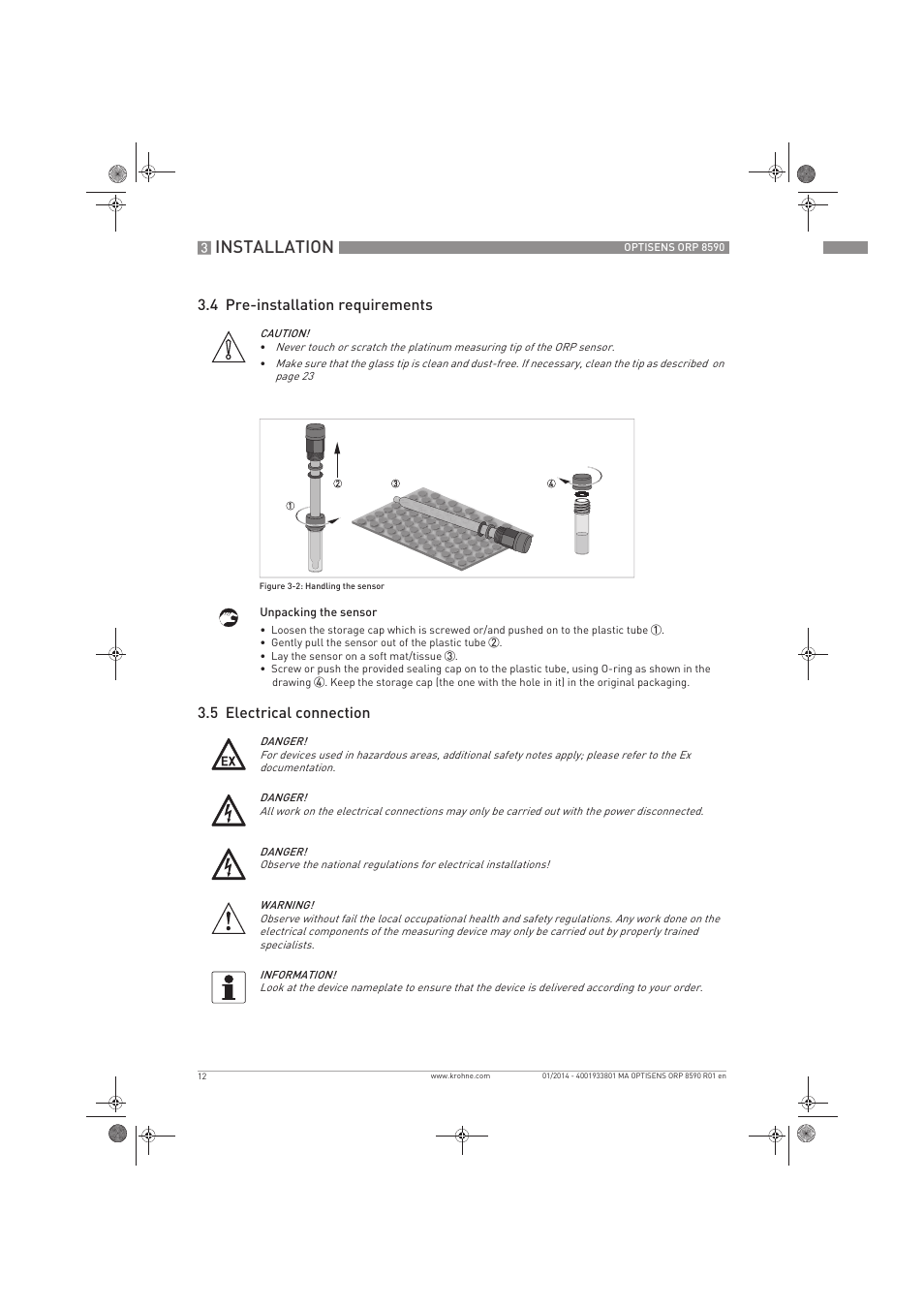 Installation, 4 pre-installation requirements, 5 electrical connection | KROHNE OPTISENS ORP 8590 EN User Manual | Page 12 / 32