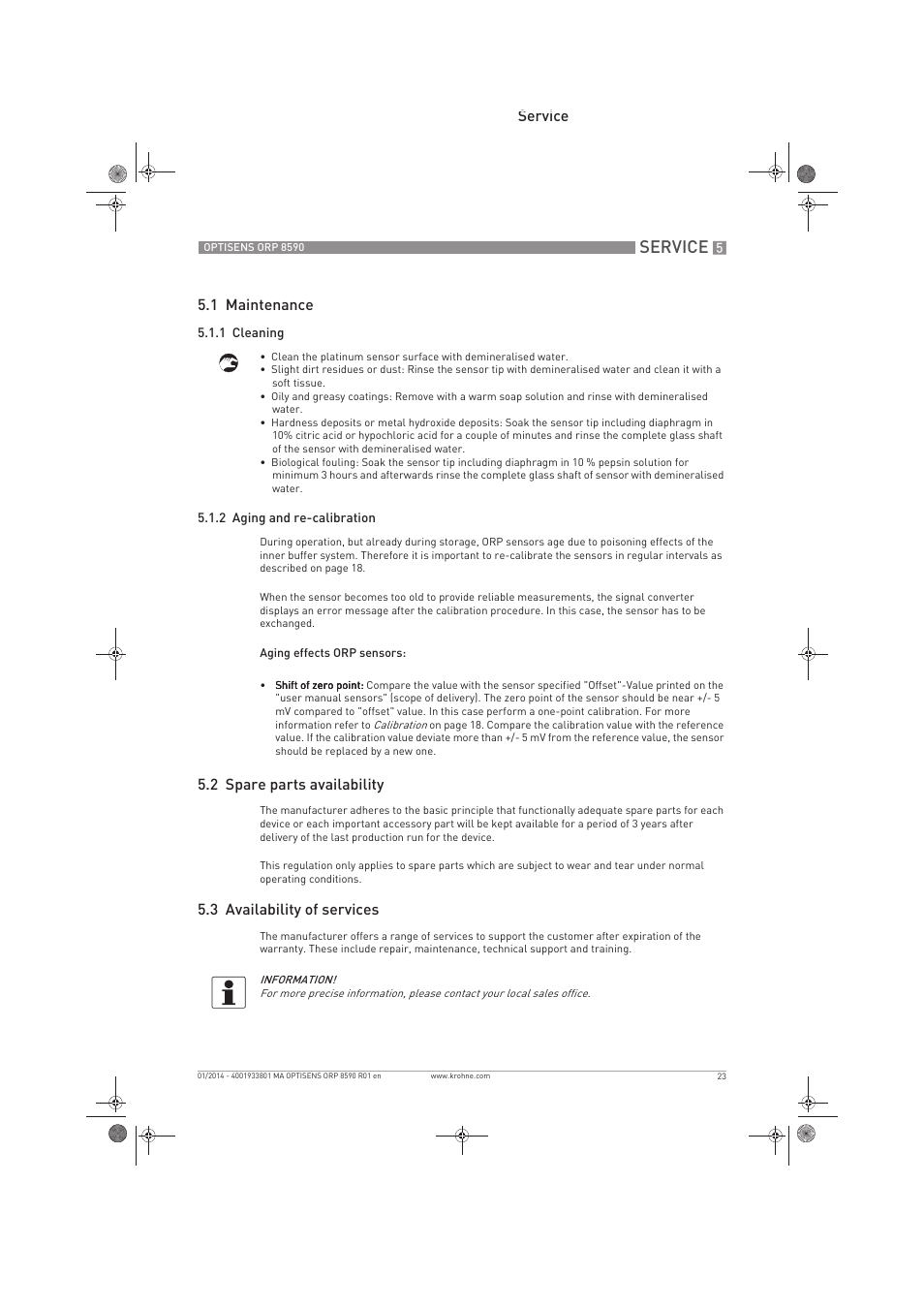 Service, Service 5.1 maintenance, 2 spare parts availability | 3 availability of services | KROHNE OPTISENS ORP 8590 EN User Manual | Page 23 / 32