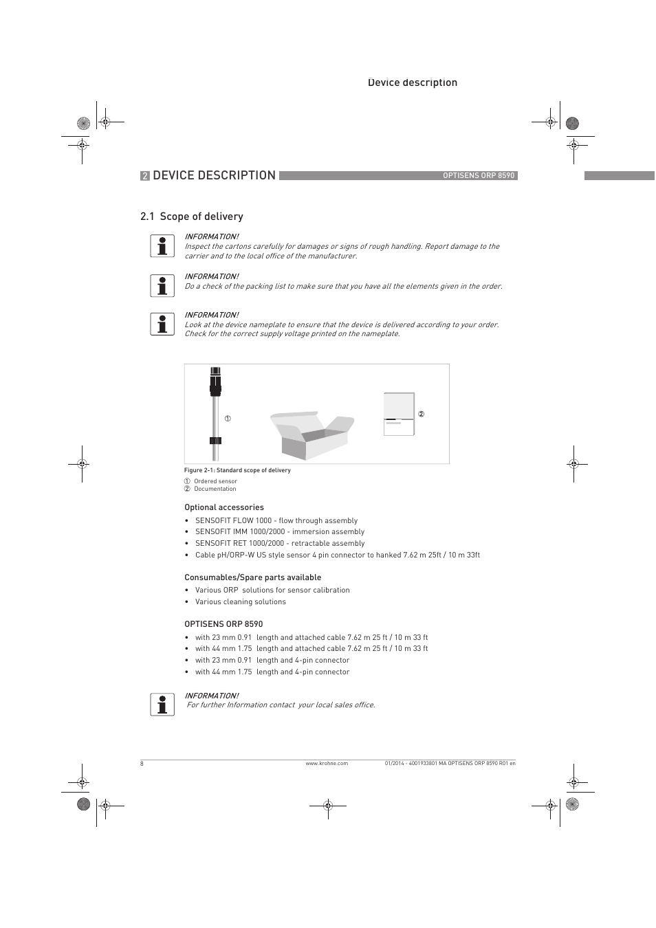 Device description, Device description 2.1 scope of delivery | KROHNE OPTISENS ORP 8590 EN User Manual | Page 8 / 32