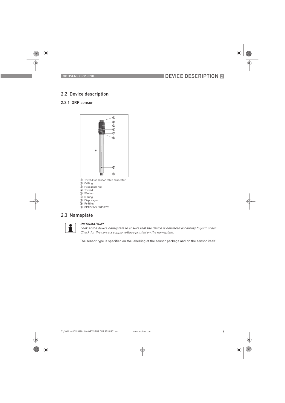 Device description, 2 device description, 3 nameplate | KROHNE OPTISENS ORP 8590 EN User Manual | Page 9 / 32