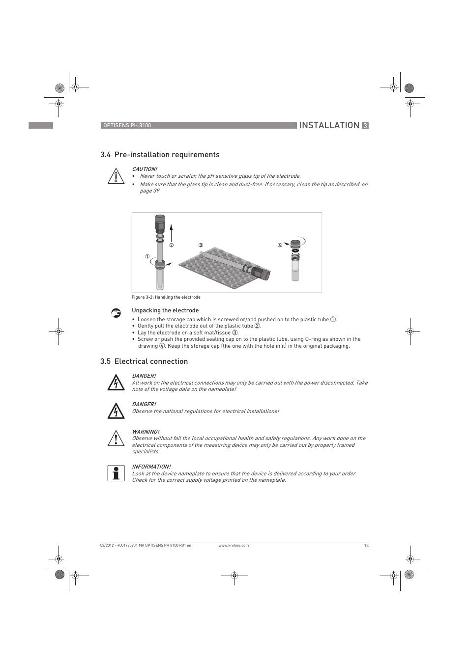 Installation, 4 pre-installation requirements, 5 electrical connection | KROHNE OPTISENS PH 8100 EN User Manual | Page 13 / 52