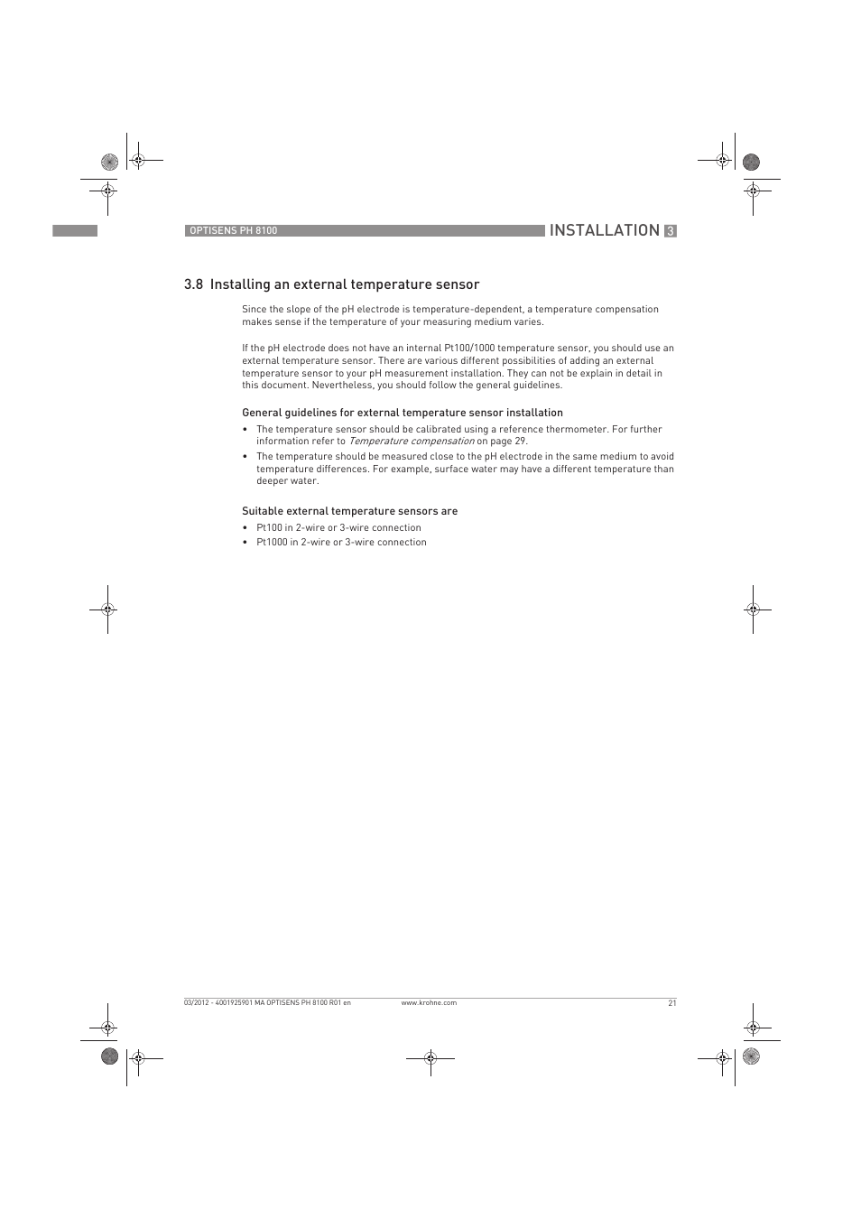 Installation, 8 installing an external temperature sensor | KROHNE OPTISENS PH 8100 EN User Manual | Page 21 / 52