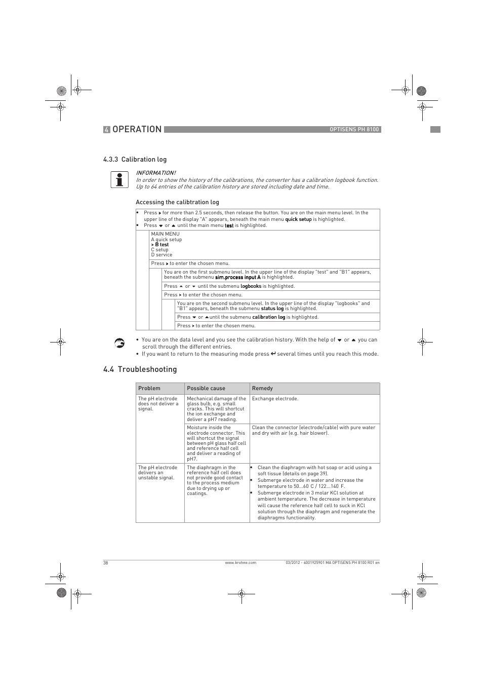 Operation, 4 troubleshooting | KROHNE OPTISENS PH 8100 EN User Manual | Page 38 / 52