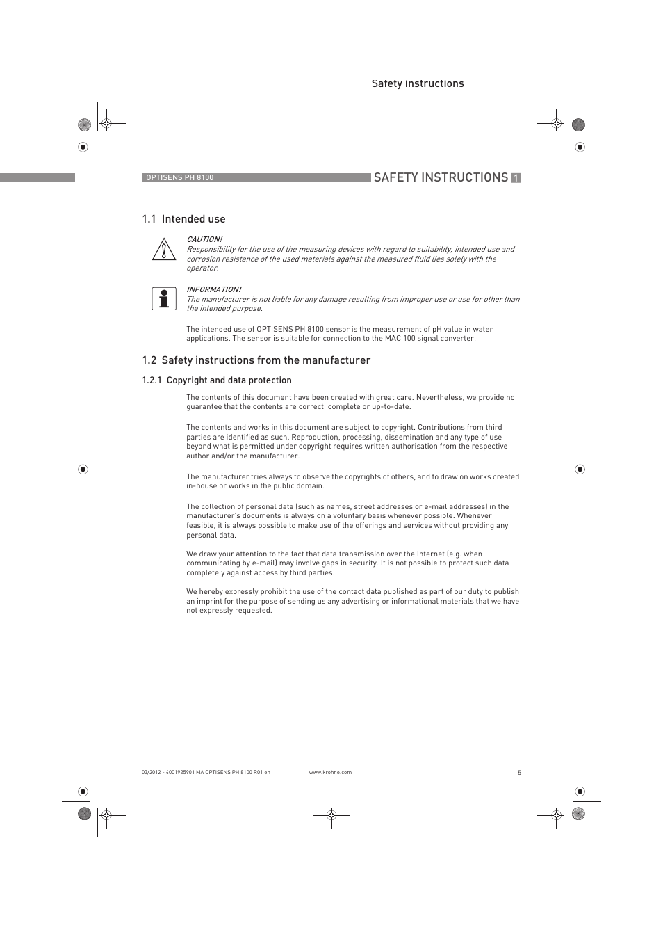 Safety instructions, Safety instructions 1.1 intended use, 2 safety instructions from the manufacturer | KROHNE OPTISENS PH 8100 EN User Manual | Page 5 / 52