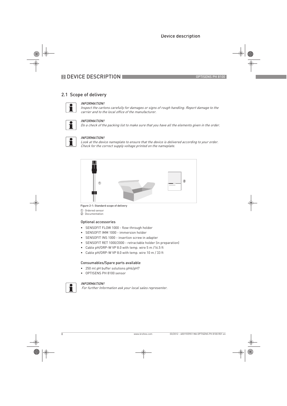 Device description, Device description 2.1 scope of delivery | KROHNE OPTISENS PH 8100 EN User Manual | Page 8 / 52