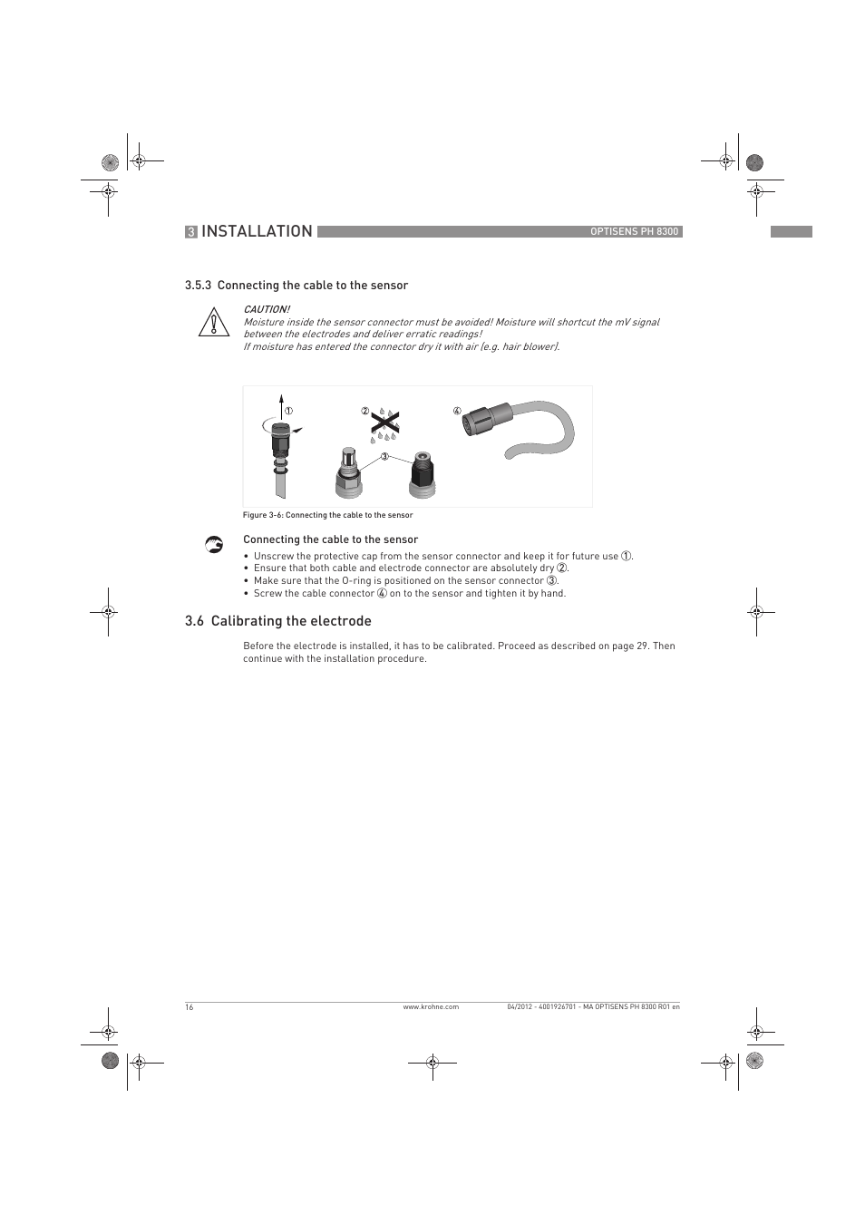 Installation, 6 calibrating the electrode | KROHNE OPTISENS PH 8300 EN User Manual | Page 16 / 52