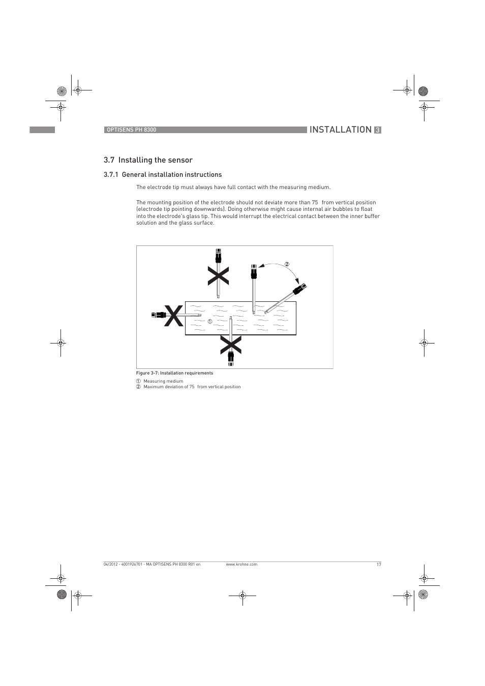 Installation, 7 installing the sensor | KROHNE OPTISENS PH 8300 EN User Manual | Page 17 / 52