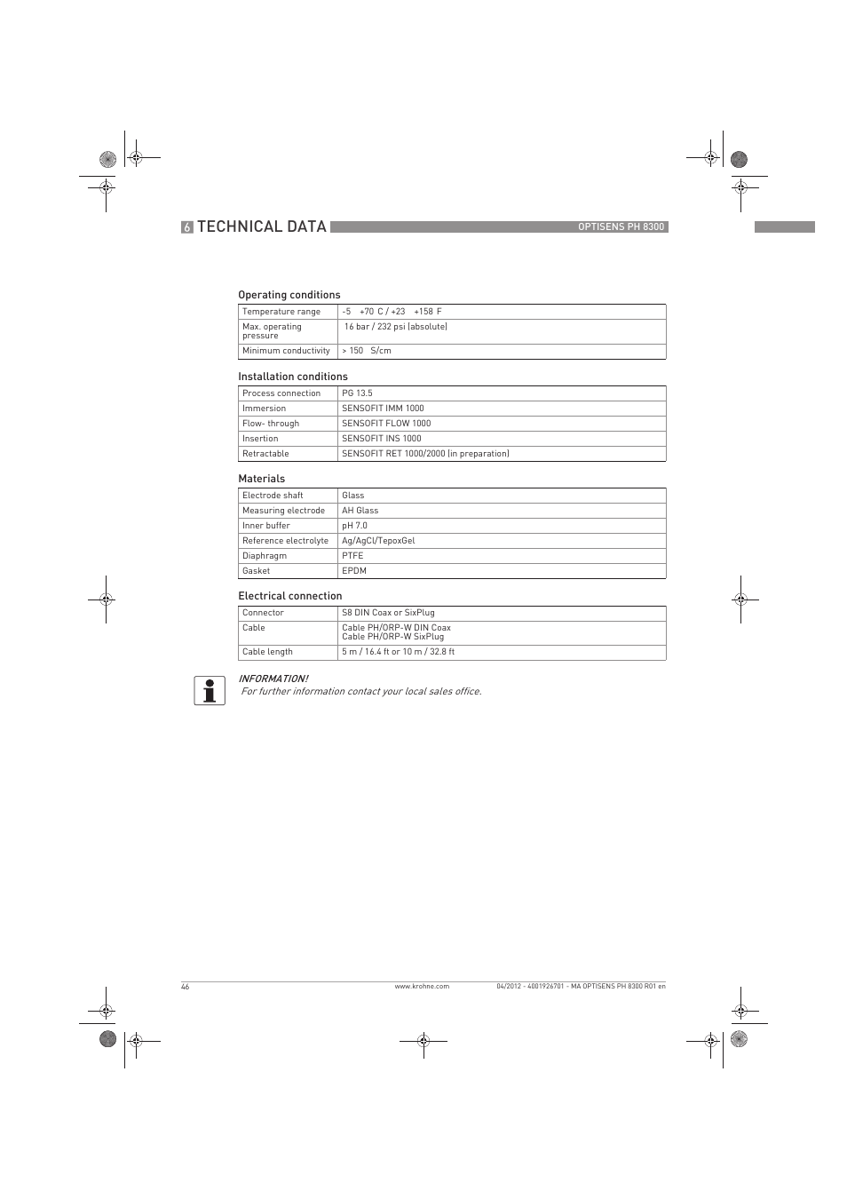 Technical data | KROHNE OPTISENS PH 8300 EN User Manual | Page 46 / 52