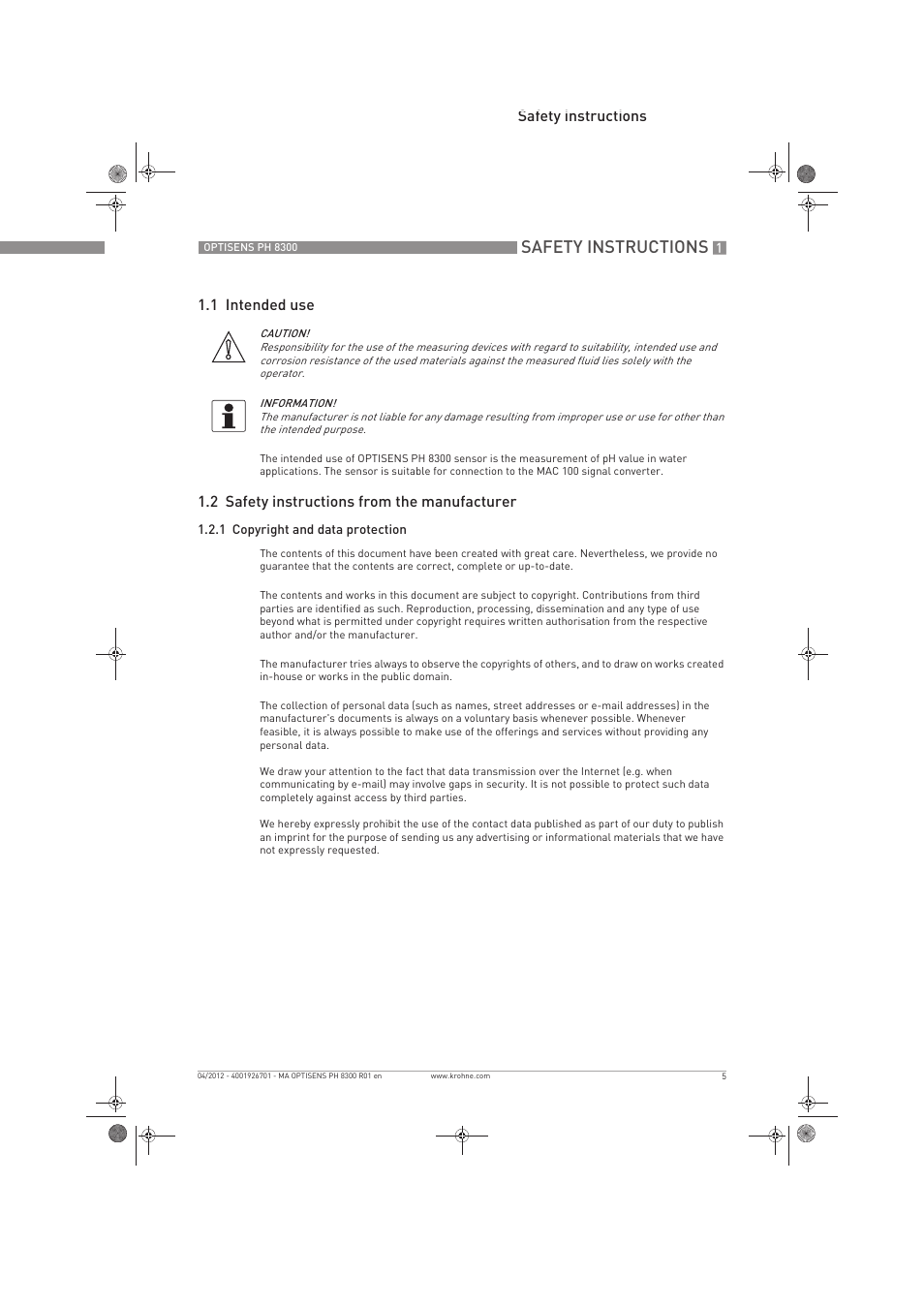 Safety instructions, Safety instructions 1.1 intended use, 2 safety instructions from the manufacturer | KROHNE OPTISENS PH 8300 EN User Manual | Page 5 / 52