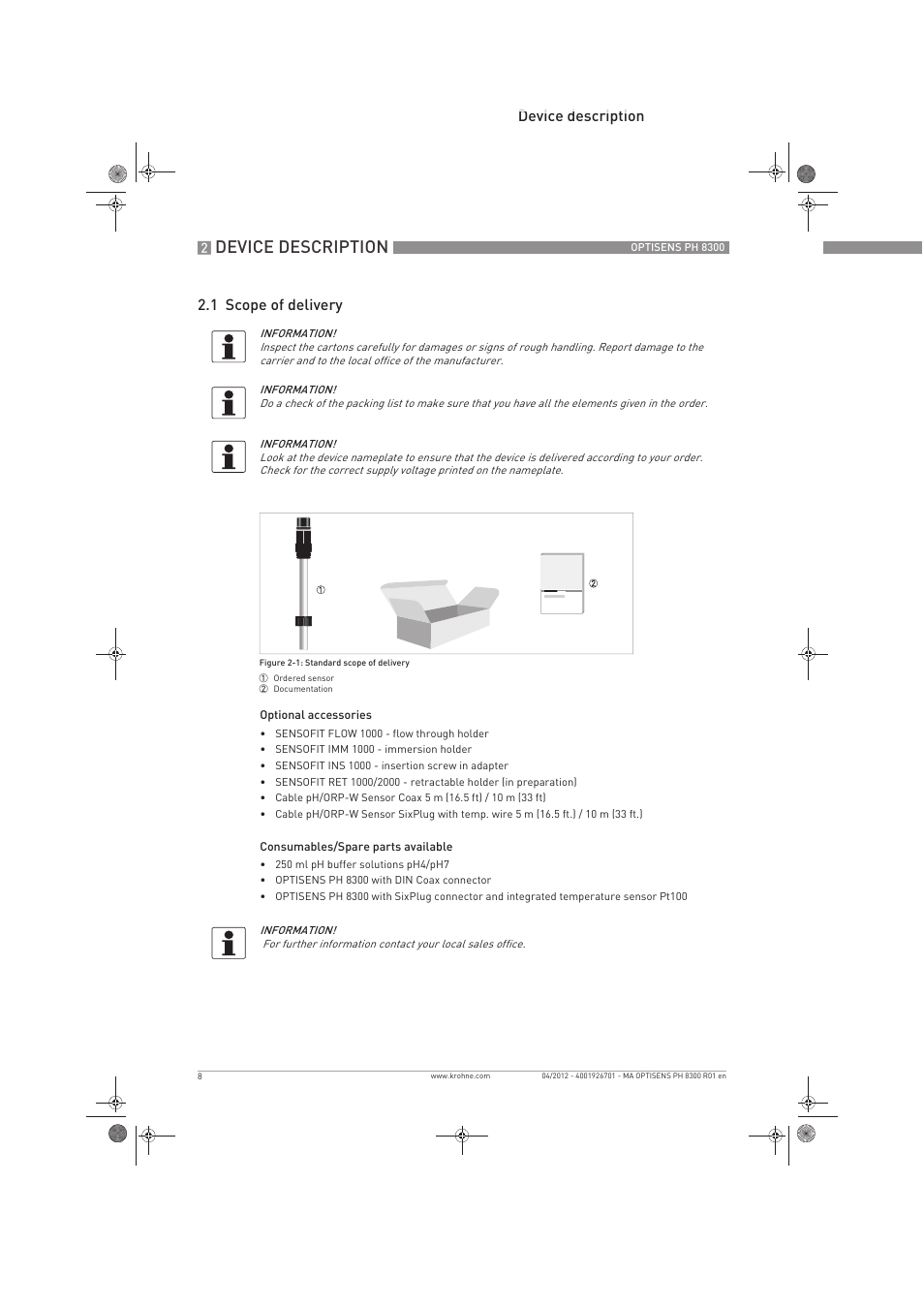 Device description, Device description 2.1 scope of delivery | KROHNE OPTISENS PH 8300 EN User Manual | Page 8 / 52