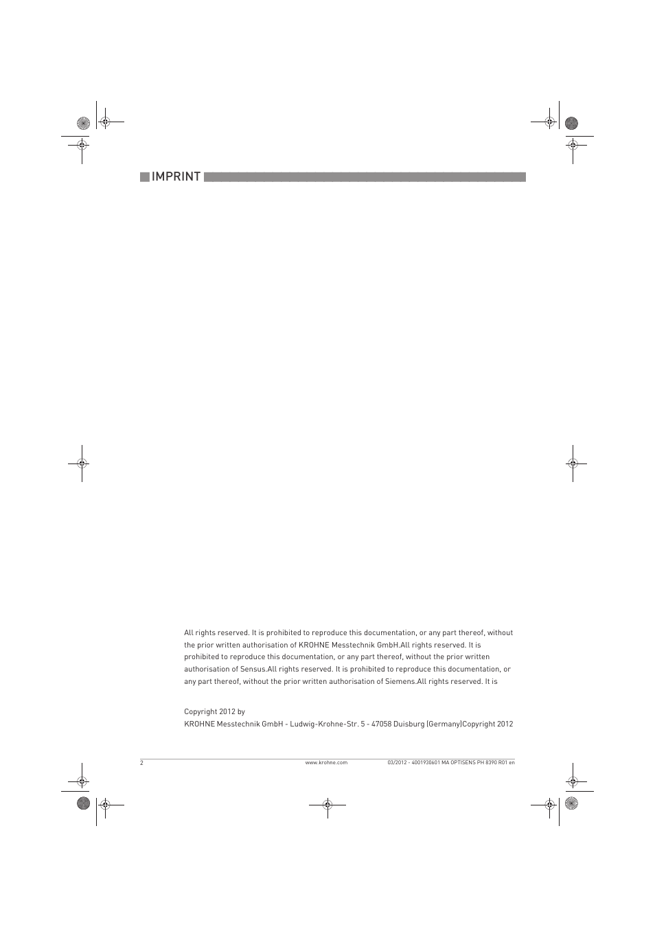 Imprint | KROHNE OPTISENS PH 8390 EN User Manual | Page 2 / 48