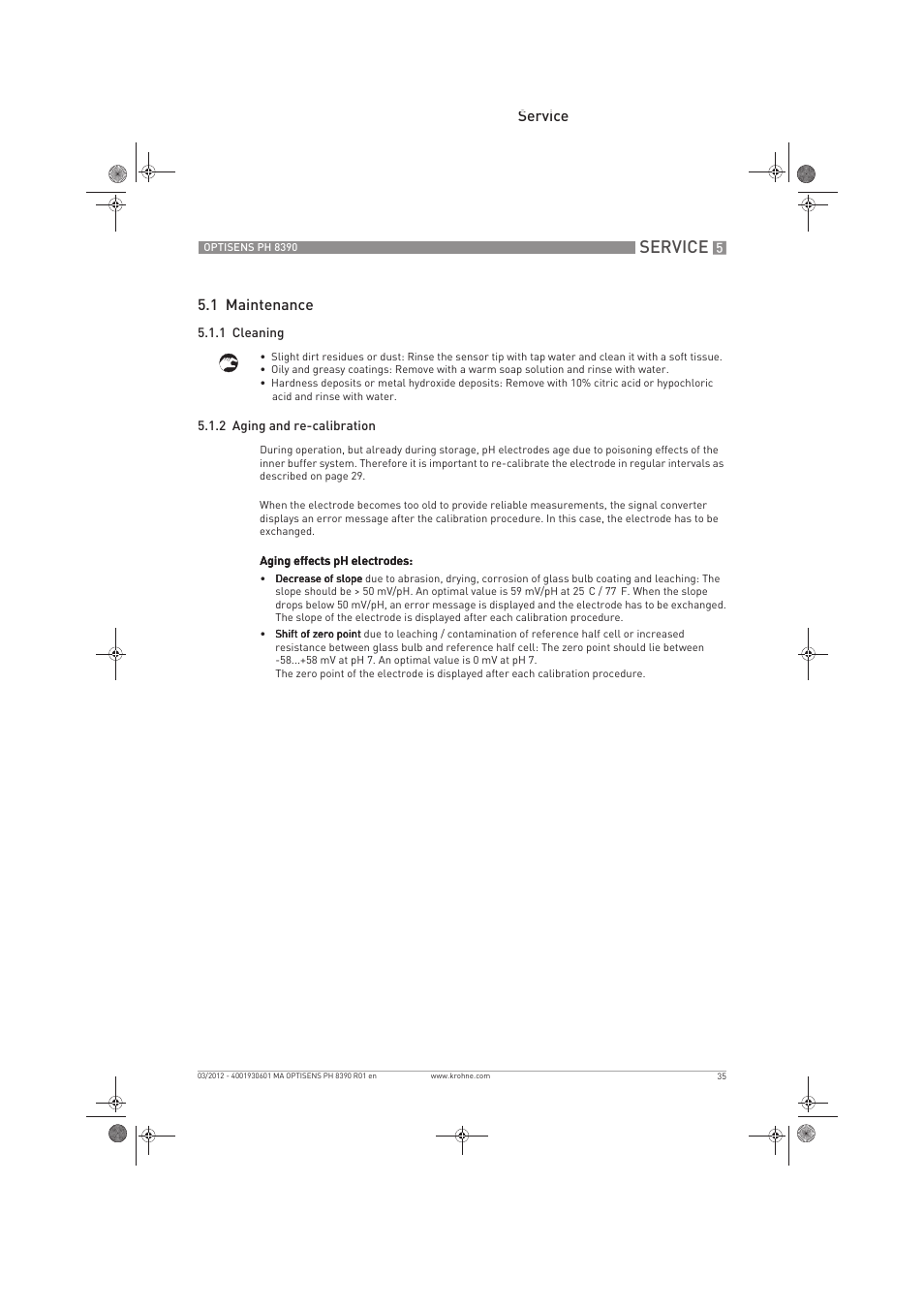 Service, Service 5.1 maintenance | KROHNE OPTISENS PH 8390 EN User Manual | Page 35 / 48