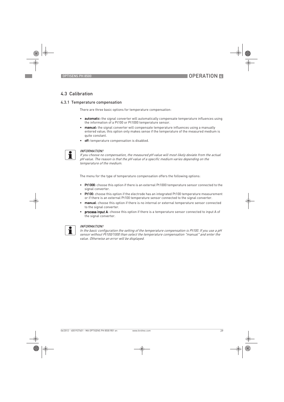 Operation, 3 calibration | KROHNE OPTISENS PH 8500 EN User Manual | Page 29 / 52