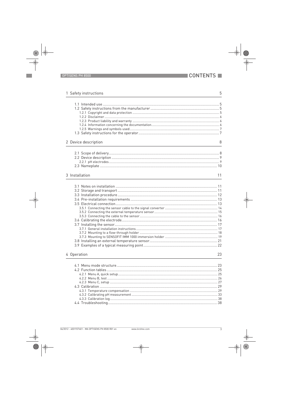 KROHNE OPTISENS PH 8500 EN User Manual | Page 3 / 52
