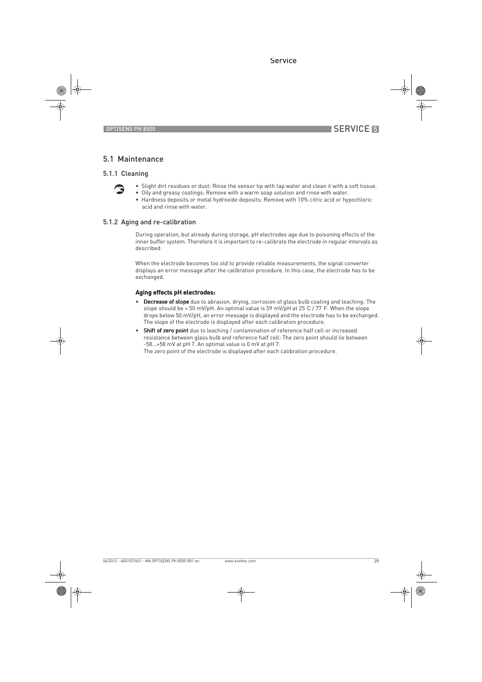 Service, Service 5.1 maintenance | KROHNE OPTISENS PH 8500 EN User Manual | Page 39 / 52