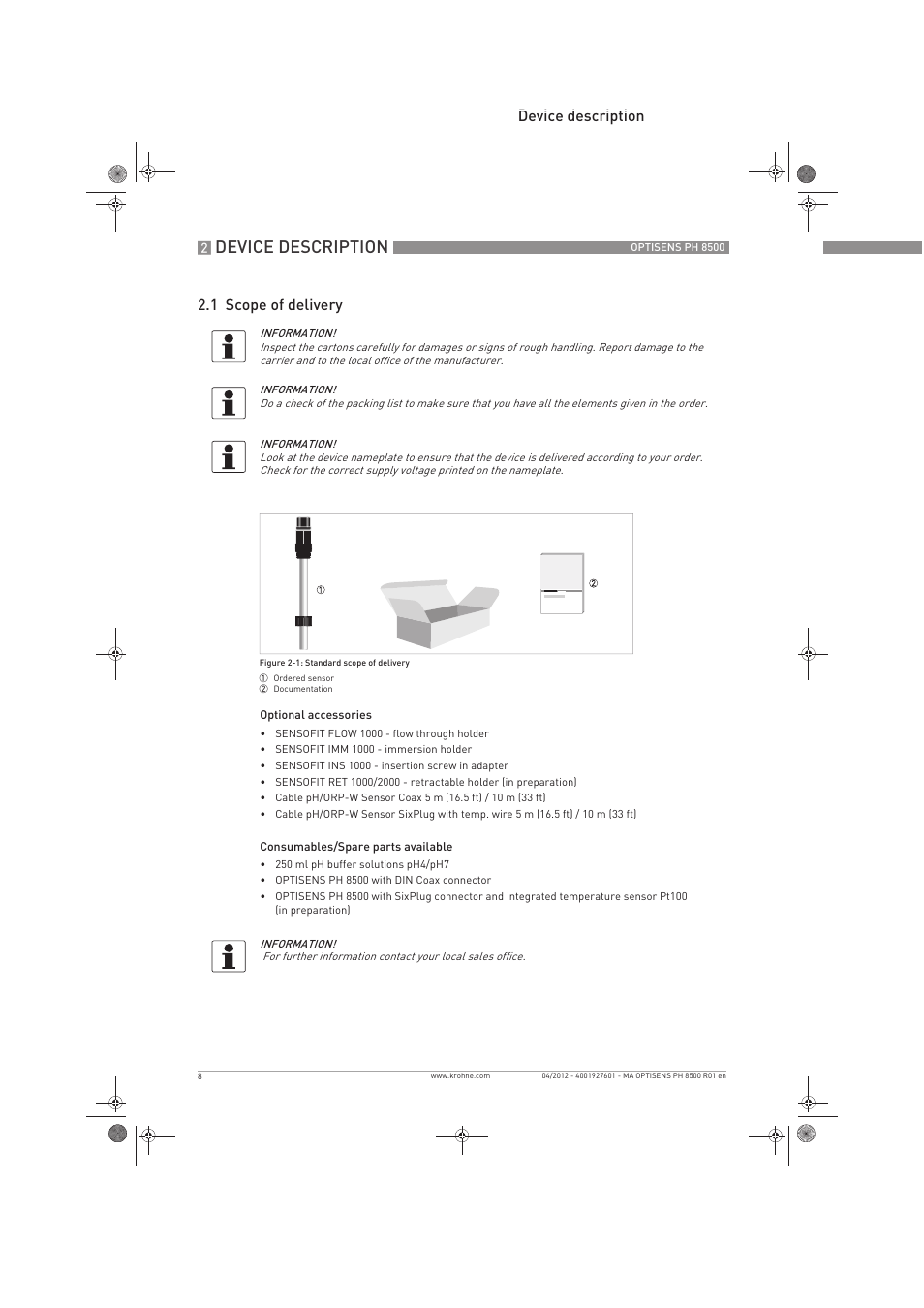 Device description, Device description 2.1 scope of delivery | KROHNE OPTISENS PH 8500 EN User Manual | Page 8 / 52