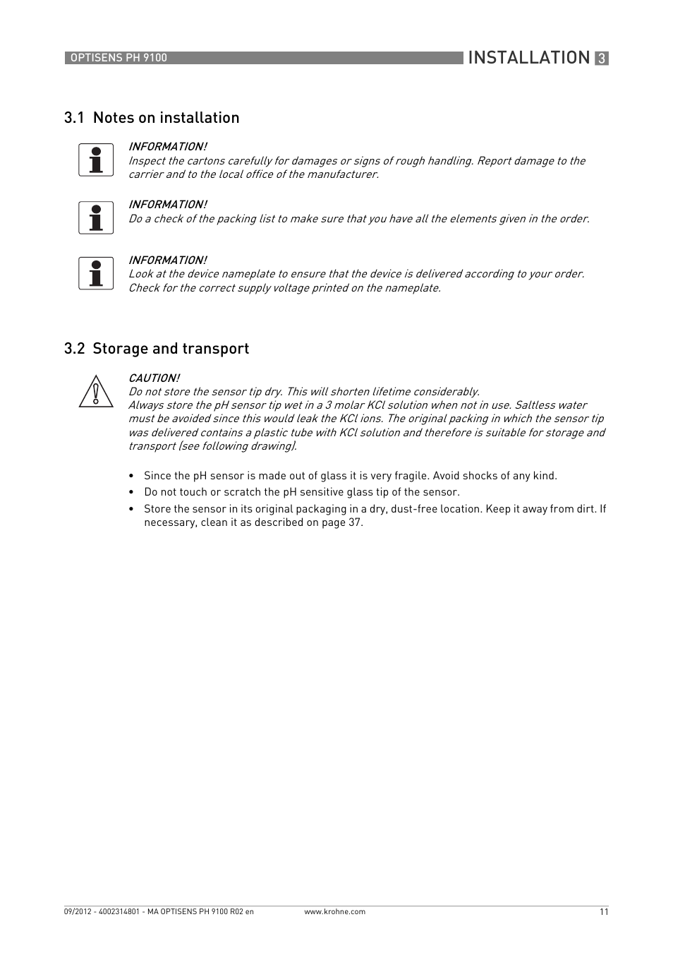 1 notes on installation, 2 storage and transport, Installation | KROHNE OPTISENS PH 9100 EN User Manual | Page 11 / 48
