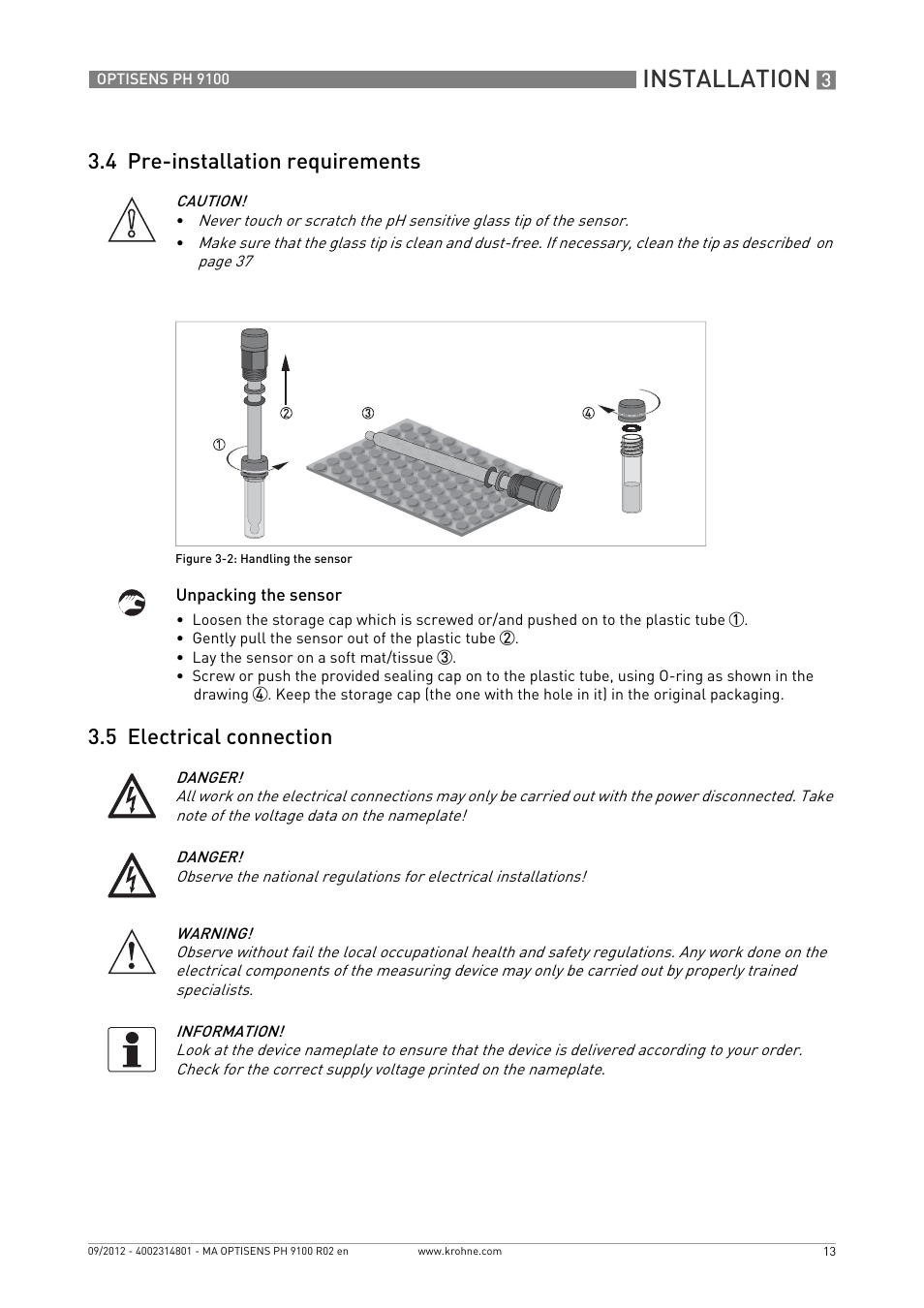 4 pre-installation requirements, 5 electrical connection, Installation | KROHNE OPTISENS PH 9100 EN User Manual | Page 13 / 48