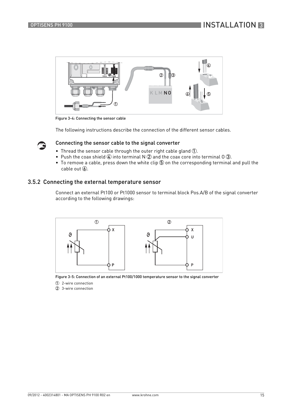 2 connecting the external temperature sensor, Installation | KROHNE OPTISENS PH 9100 EN User Manual | Page 15 / 48