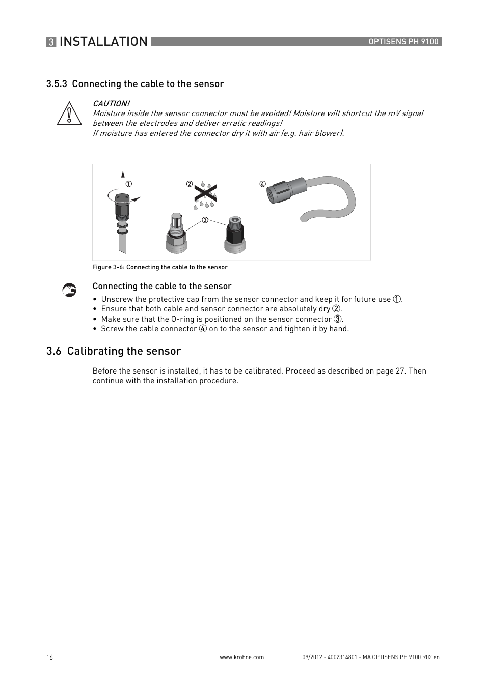 3 connecting the cable to the sensor, 6 calibrating the sensor, Installation | KROHNE OPTISENS PH 9100 EN User Manual | Page 16 / 48