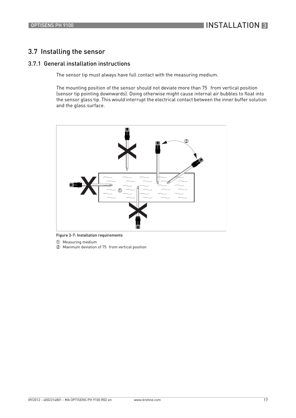 7 installing the sensor, 1 general installation instructions, Installation | KROHNE OPTISENS PH 9100 EN User Manual | Page 17 / 48