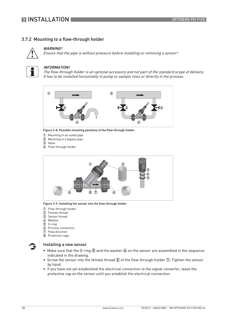 2 mounting to a flow-through holder, Installation | KROHNE OPTISENS PH 9100 EN User Manual | Page 18 / 48