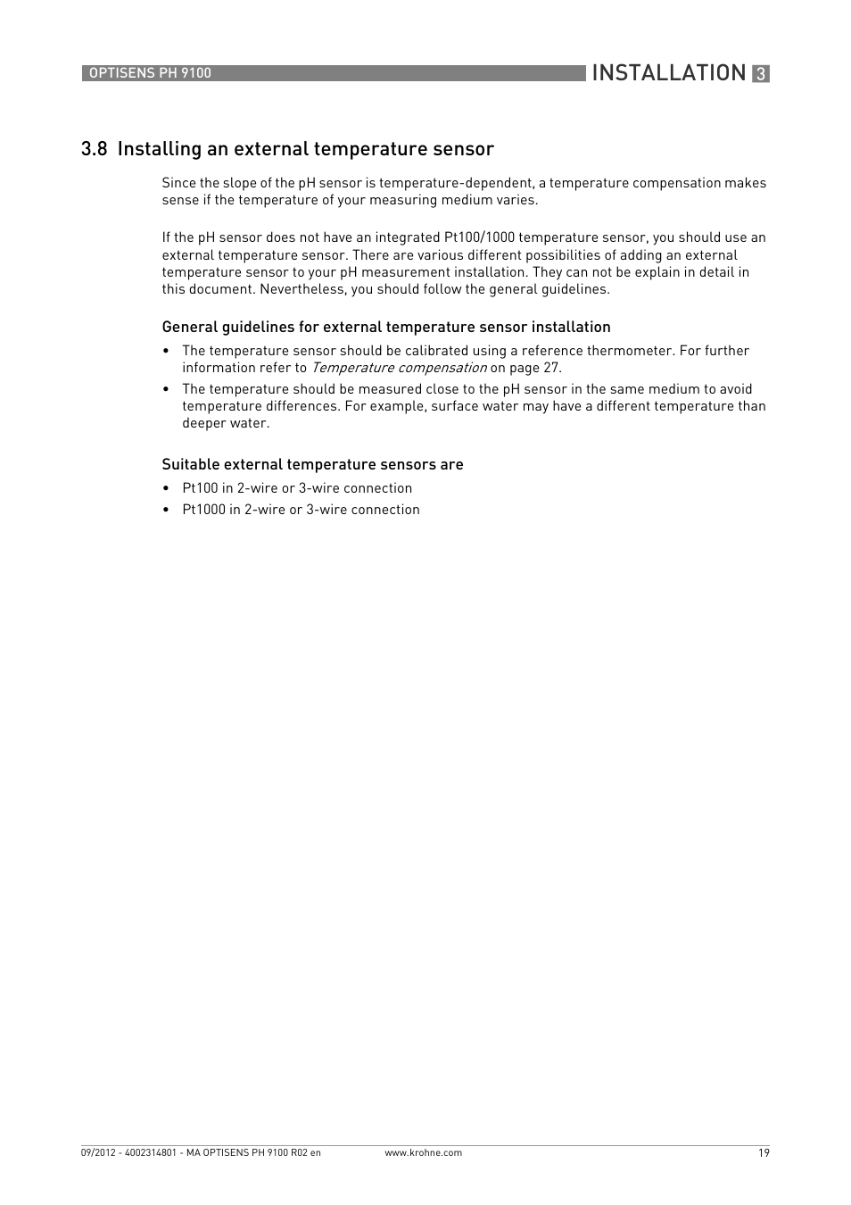 8 installing an external temperature sensor, Installation | KROHNE OPTISENS PH 9100 EN User Manual | Page 19 / 48