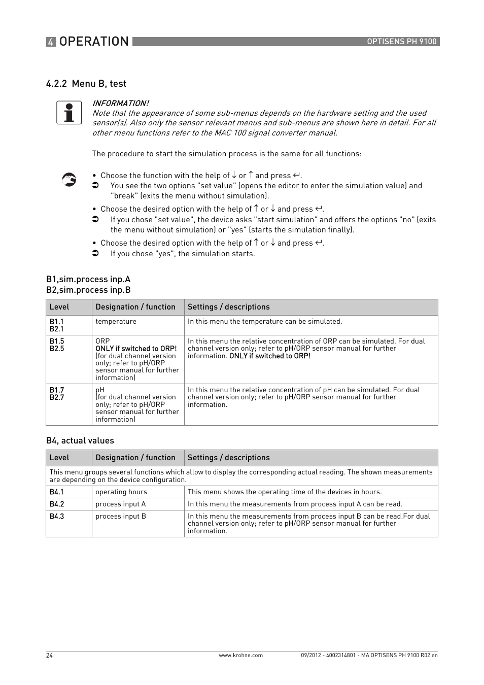 2 menu b, test, B1,sim.process inp.a b2,sim.process inp.b, B4, actual values | Operation | KROHNE OPTISENS PH 9100 EN User Manual | Page 24 / 48