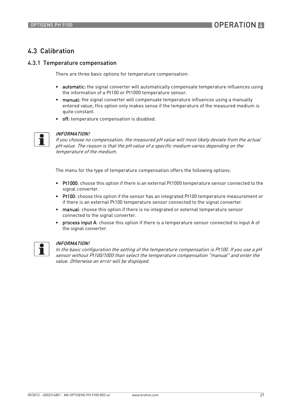 3 calibration, 1 temperature compensation, Operation | KROHNE OPTISENS PH 9100 EN User Manual | Page 27 / 48