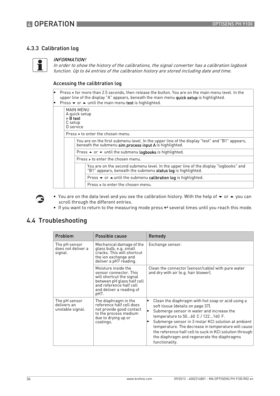 3 calibration log, 4 troubleshooting, Operation | KROHNE OPTISENS PH 9100 EN User Manual | Page 36 / 48