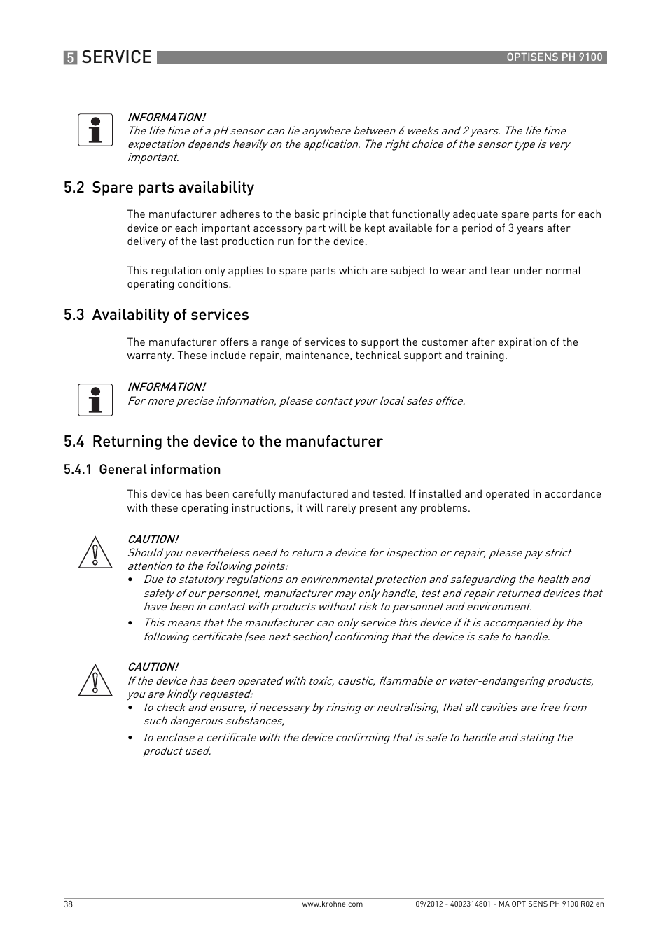2 spare parts availability, 3 availability of services, 4 returning the device to the manufacturer | 1 general information, Service | KROHNE OPTISENS PH 9100 EN User Manual | Page 38 / 48