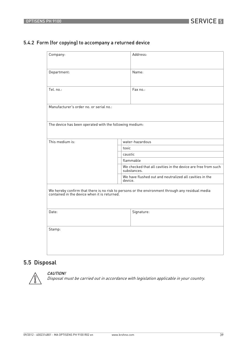 5 disposal, Service | KROHNE OPTISENS PH 9100 EN User Manual | Page 39 / 48