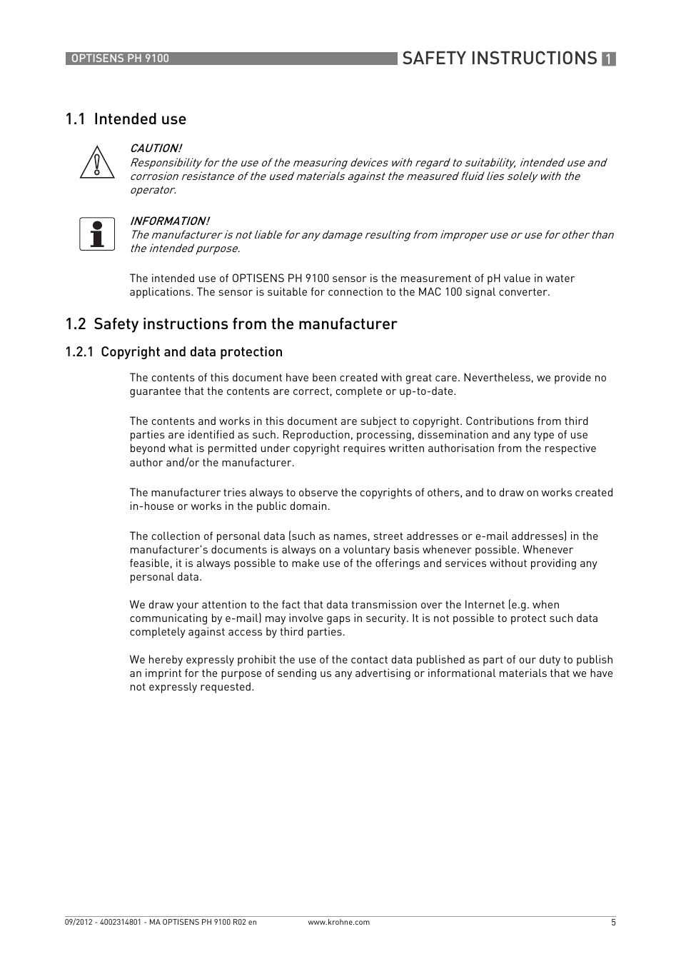 1 intended use, 2 safety instructions from the manufacturer, 1 copyright and data protection | Safety instructions | KROHNE OPTISENS PH 9100 EN User Manual | Page 5 / 48